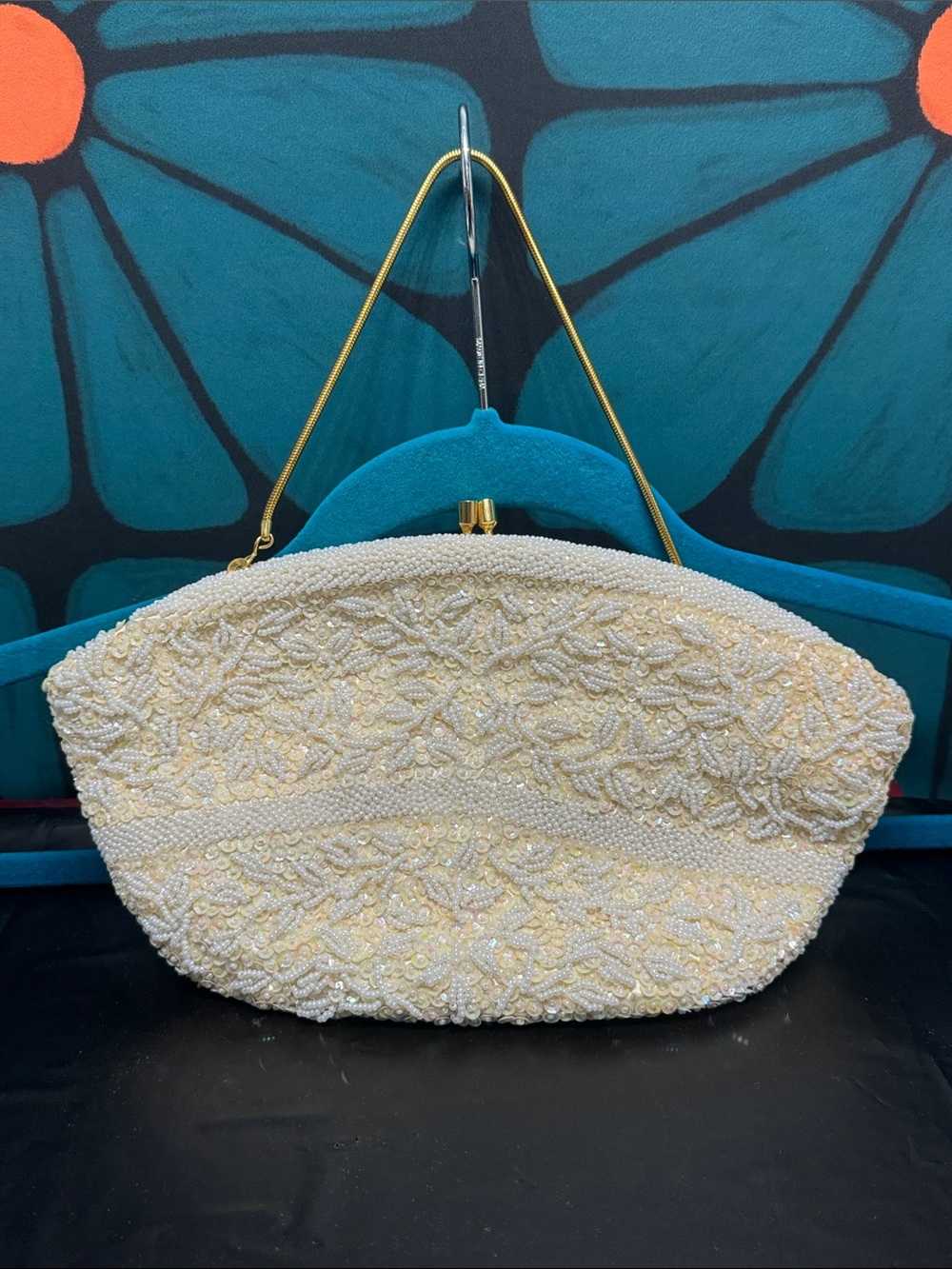 Beaded Cream Evening Clutch with Gold Chain Strap